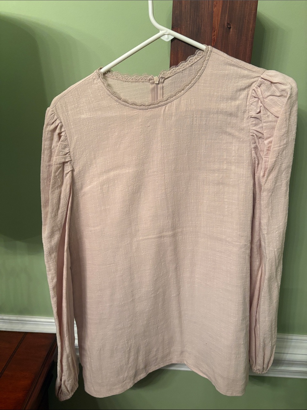 Women's Light Pink Long-Sleeve Blouse with Lace Trim